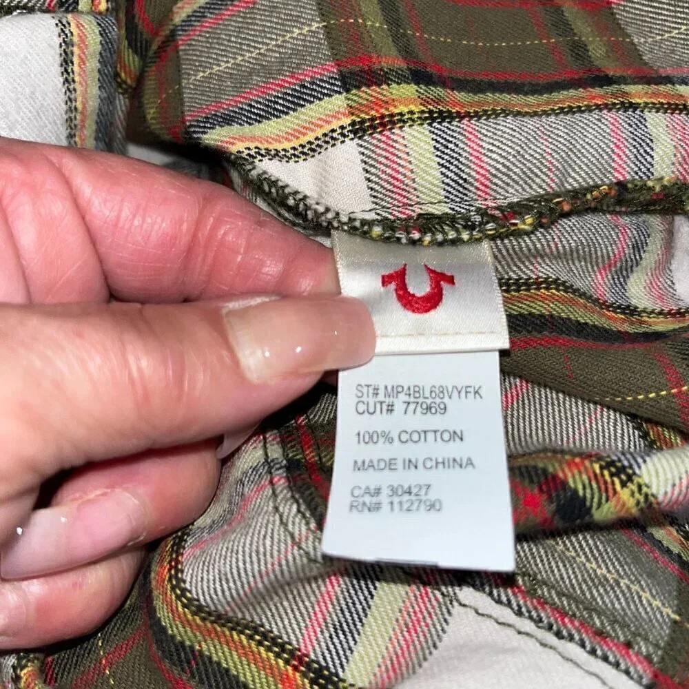 TRUE RELIGION Western Snap Front Horseshoe Pocket Plaid Flannel Shirt Men's S